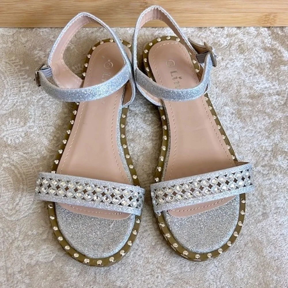 Brand New Link Silver Tone Beaded Embellished Sparkly Ankle Strap Buckle Sandals
